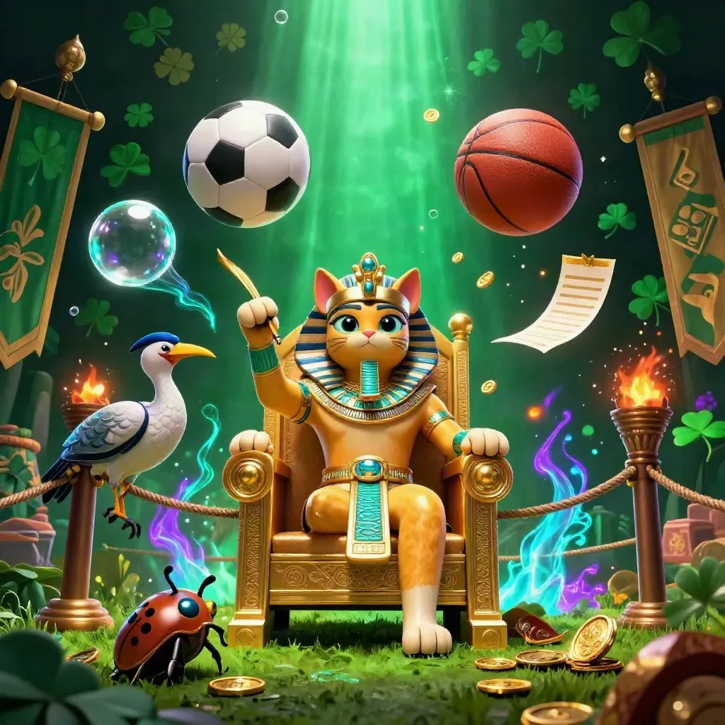 Pharaoh cat, ibis scribe, scarabs, balls and coins in a neon casino fantasy scene.