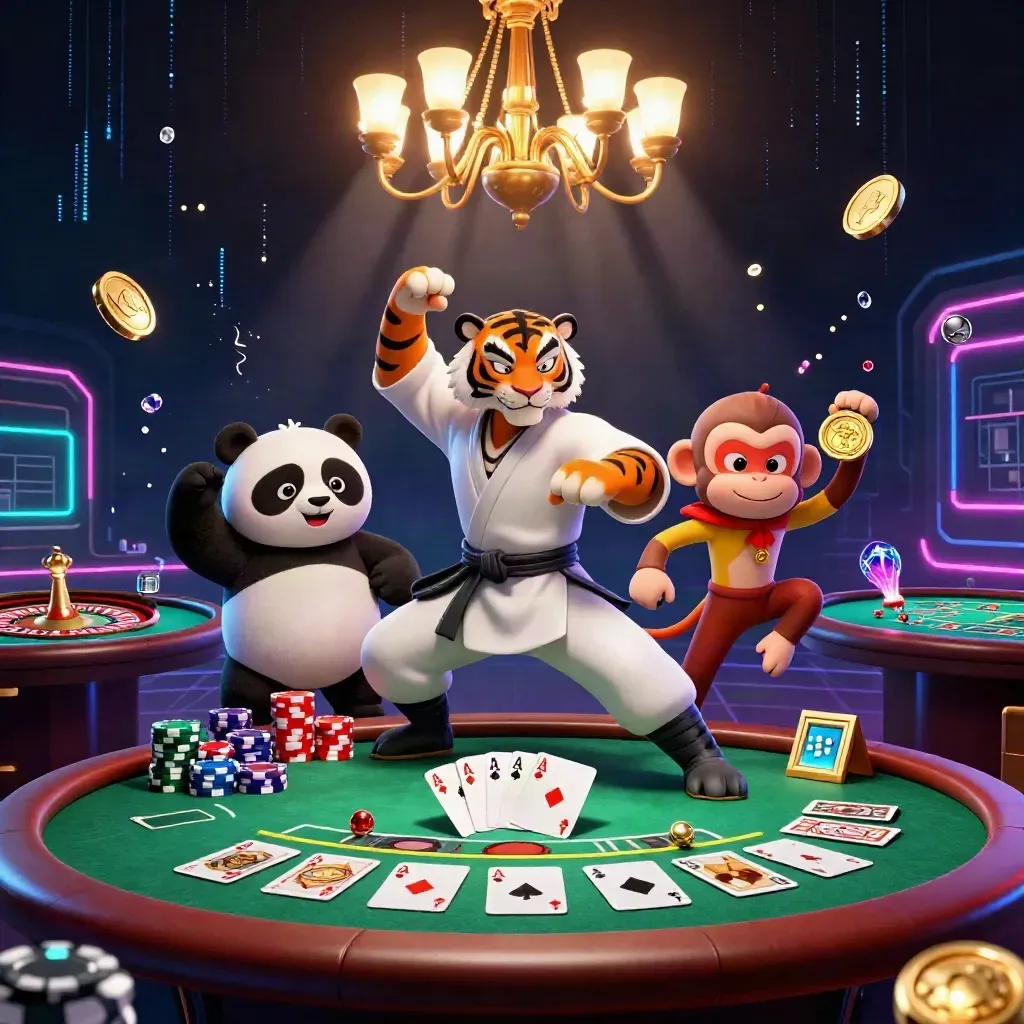 Kung-fu tiger, panda, and monkey amid neon casino props, chandelier glow, and spinning roulette