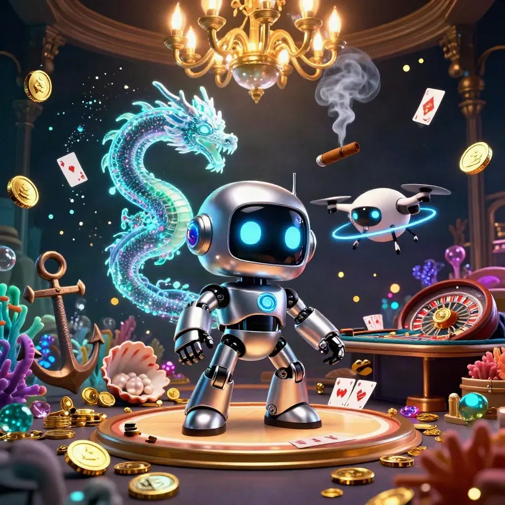 Cyberpunk robot, digital dragon, and coin drone amid casino treasure glow
