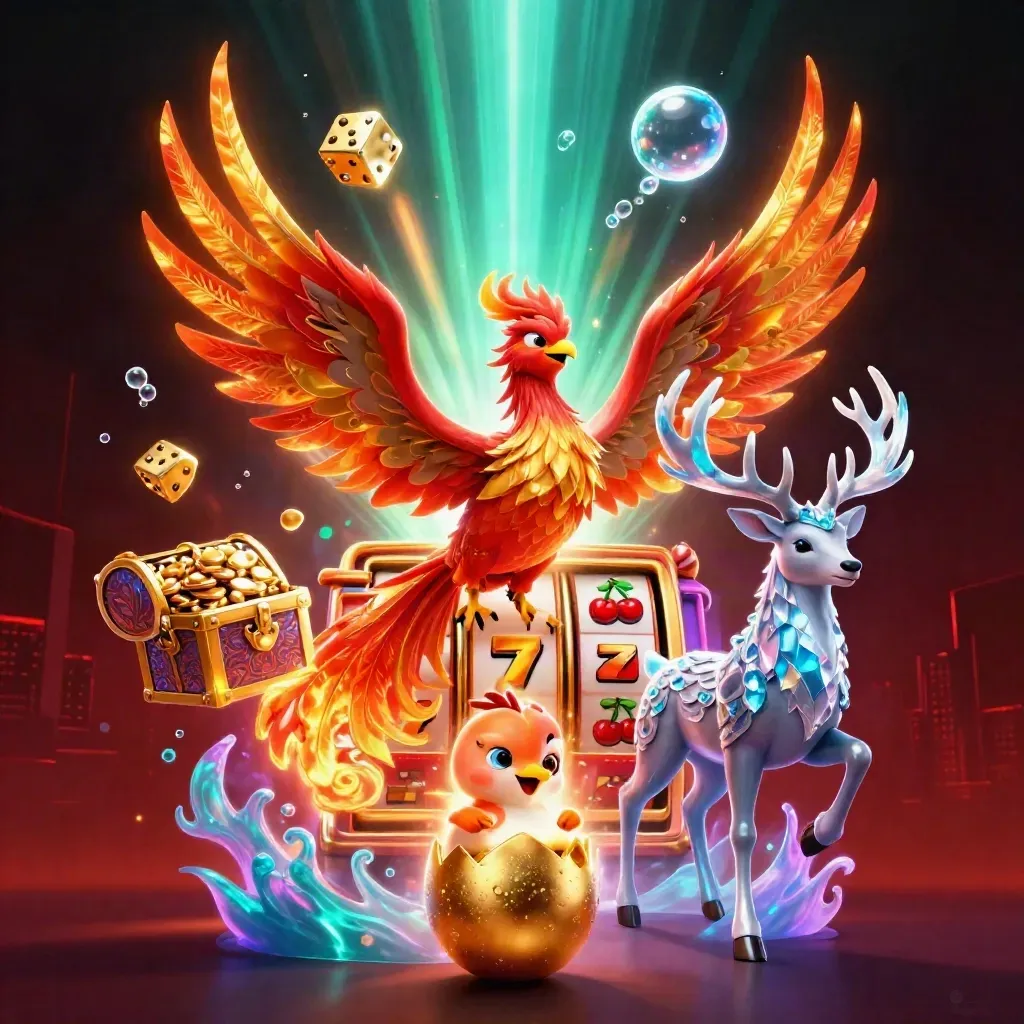 Phoenixes and a crystal-antlered stag burst from a jackpot slot machine in neon casino glow