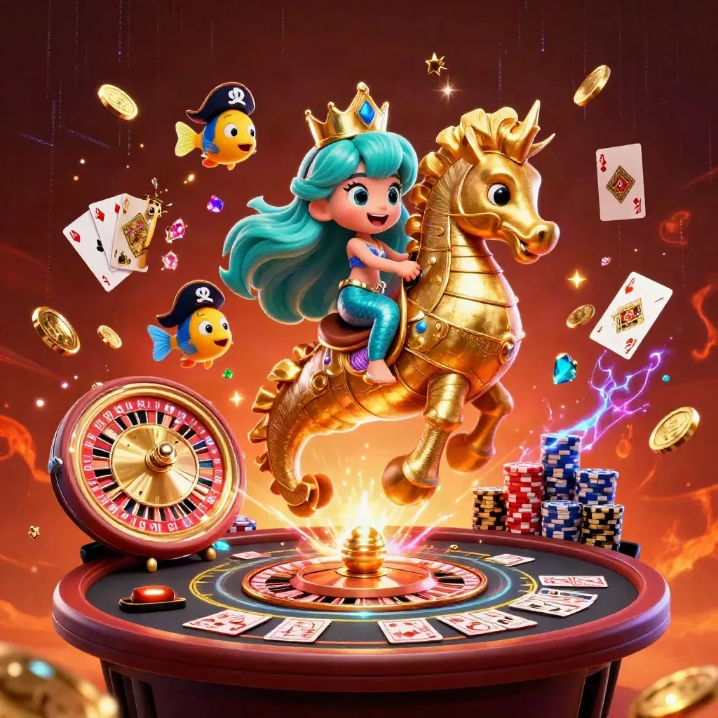 Mermaid princess on golden seahorse amid coins, chips, cards, roulette wheel, embers, and neon glow.