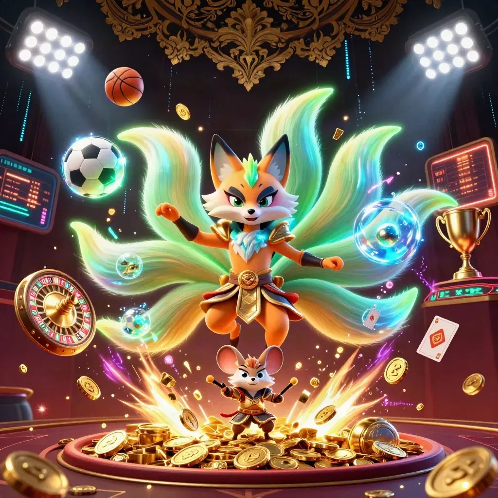 Neon fox spirit and samurai mouse amid coins, roulette, sports balls, and casino lights.