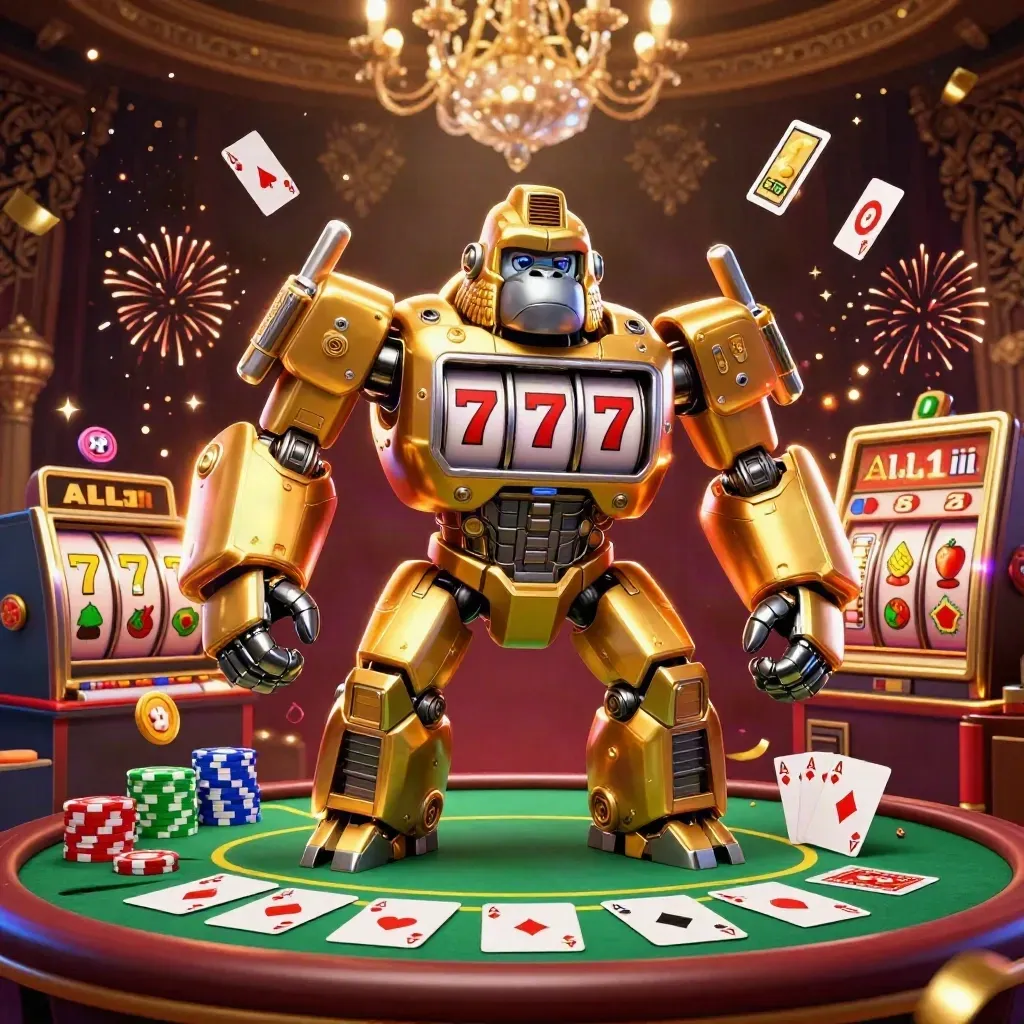 Golden gorilla slot mech with tiny monkey pilot, chips, aces, reels, and neon casino effects