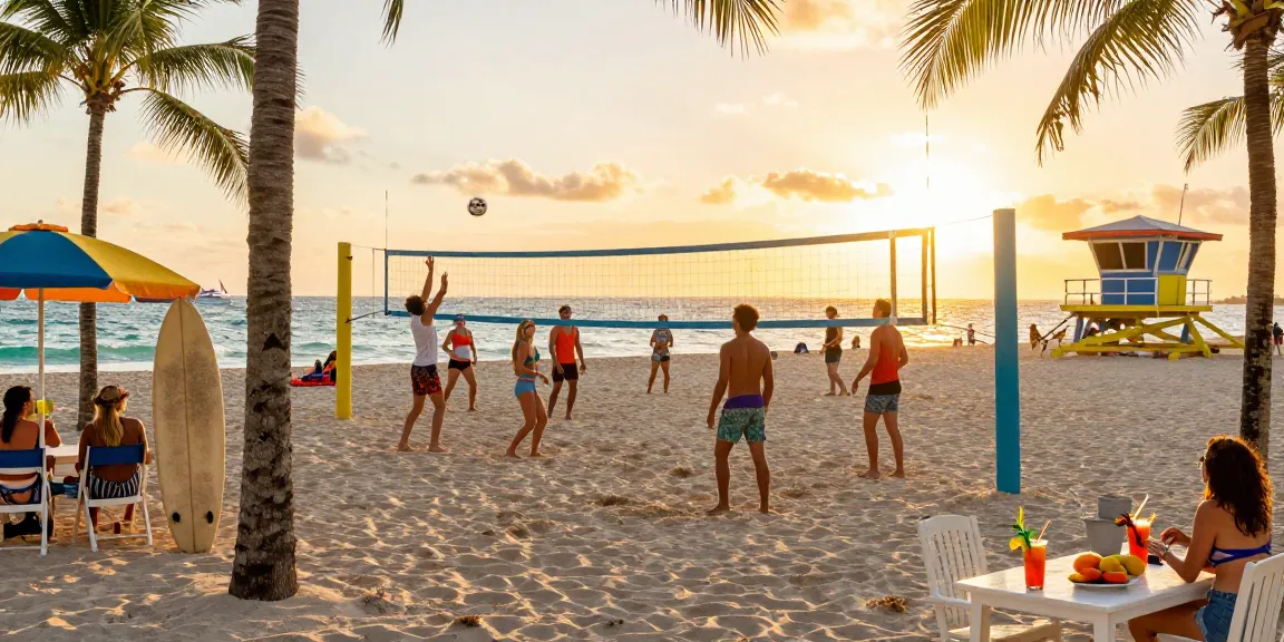 https://miami4d.com/ suasana pantai Miami dengan teman-teman bermain voli pasir di bawah sinar matahari terbenam.